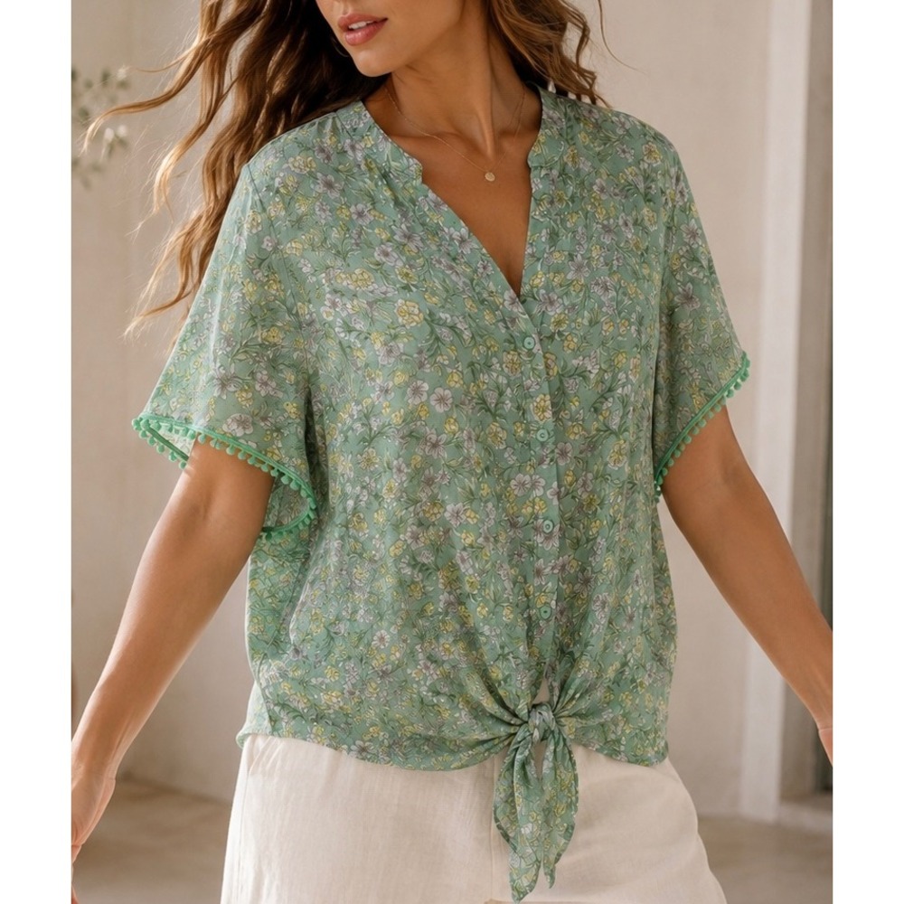 Harve Benard Floral Button Up Blouse XL Sage Green‎ Pom Pom Trim Tie Front Top